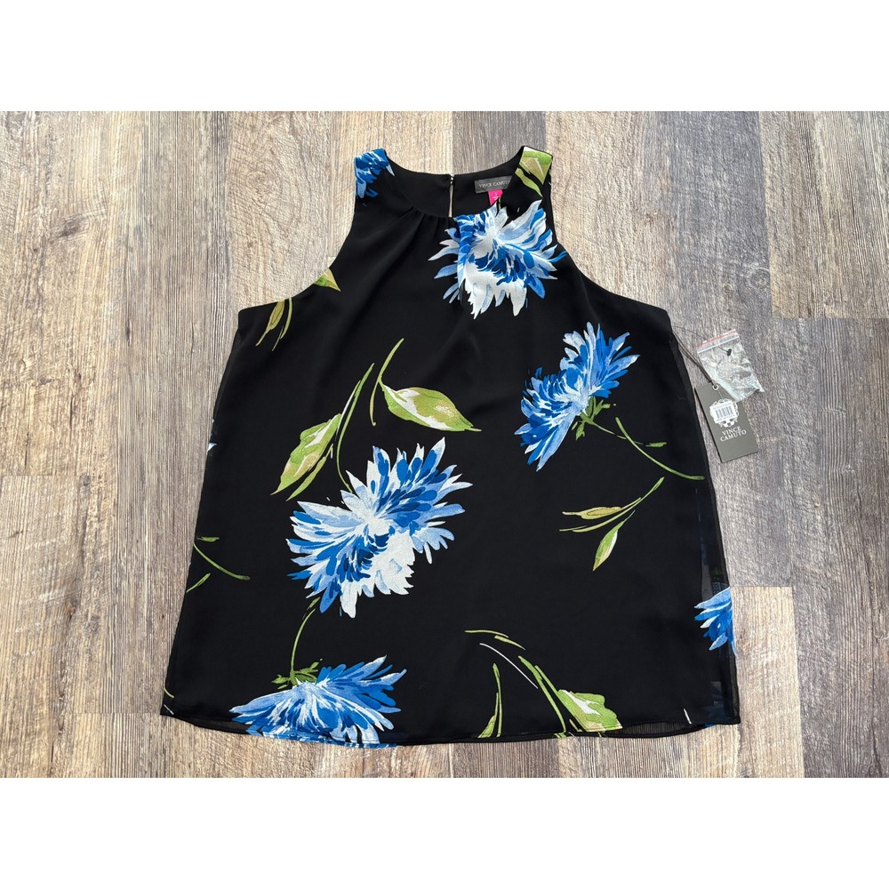 Vince Camuto Womens Floral Halter Neck Sleeveless Blouse Black Blue Small NEW